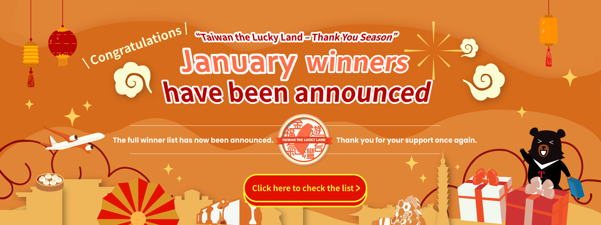 Photo：Taiwan the Lucky Land-Thank You Season January Winners